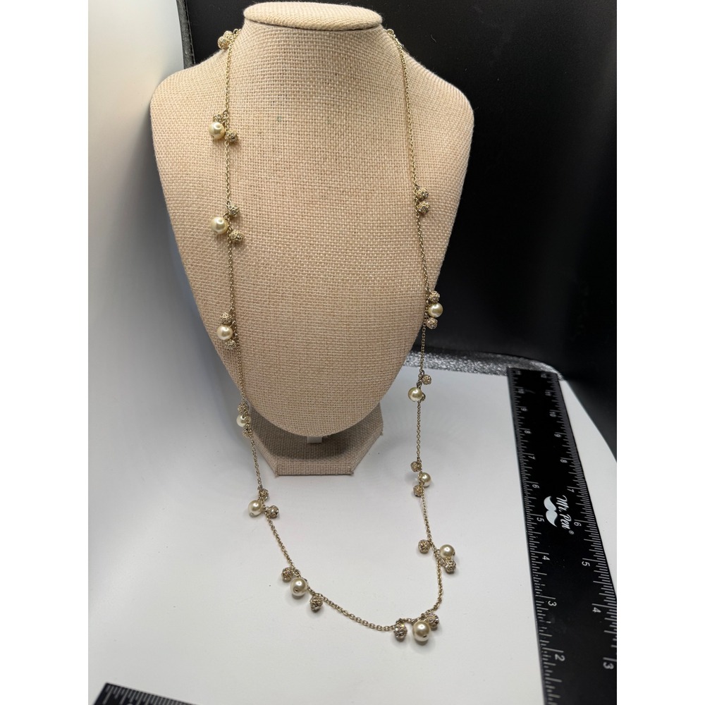Ann Taylor Gold Tone Faux Pearl Rhinestone Pave‎ Ball Long Station Necklace 36in
